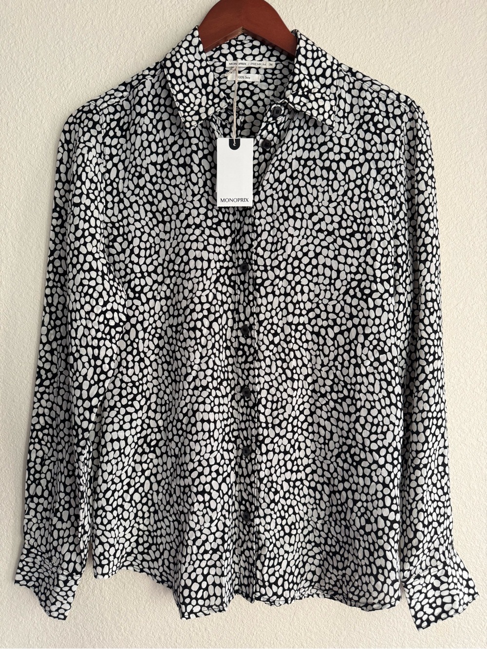 Monoprix Premium 100% Silk Blouse Shirt Size S NWT Black White Print